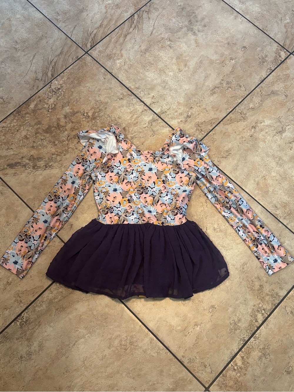 Floral Ruffle Long Sleeve Leotard - Pink, Blue & Navy